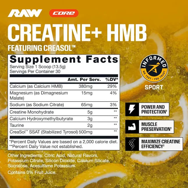 Raw Creatina + Hmb Con Creasol 405g Polvo Citrus Slush