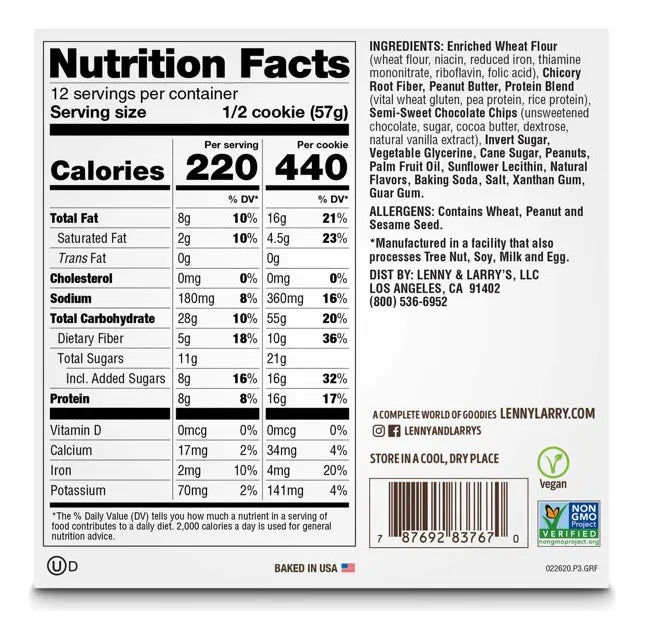 Lenny & Larry's Galletas De Proteína Mani Choco Chip 12pz