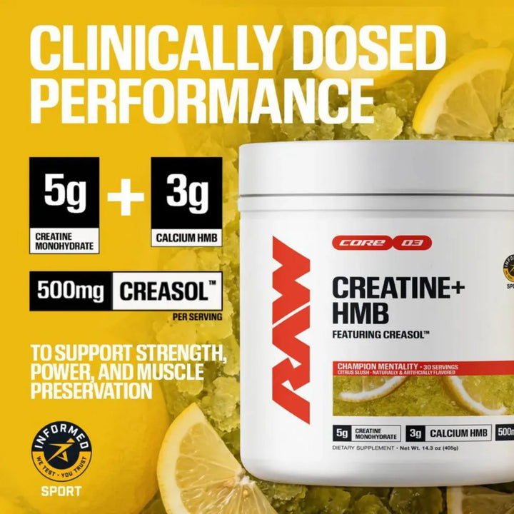 Raw Creatina + Hmb Con Creasol 405g Polvo Citrus Slush