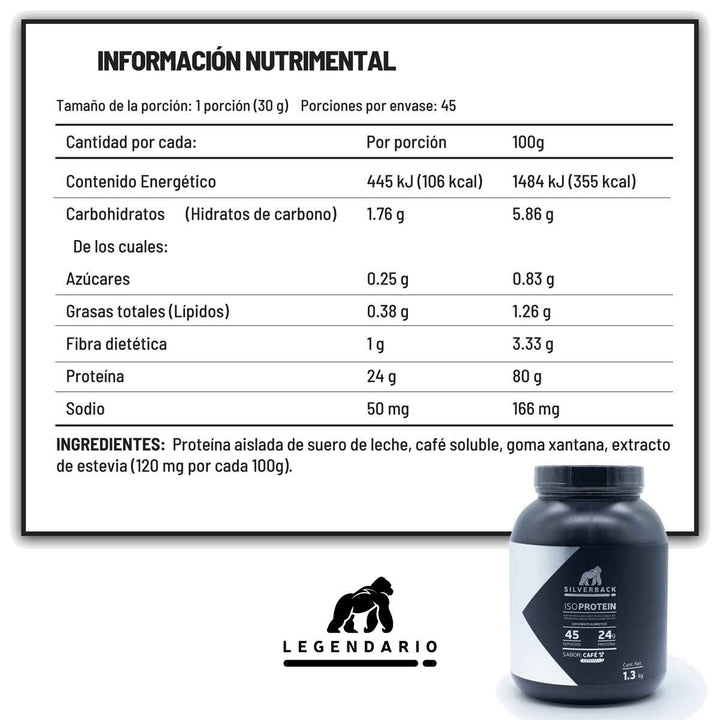 Proteina Iso Aislada Con Stevia Y Cafe Silverback 45 Servicios